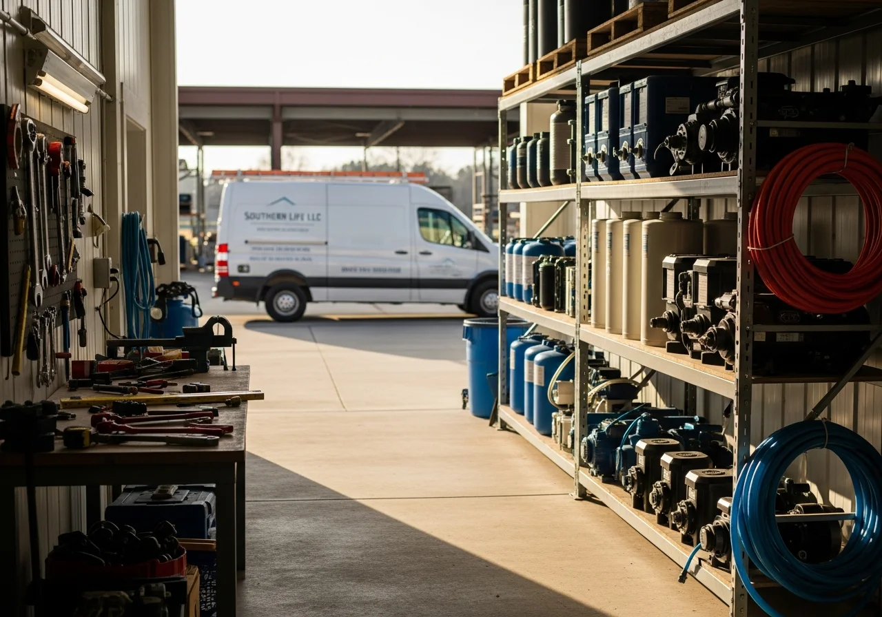 Outdoor construction crew with tools and equipment ready for landscape and pool installation projects.