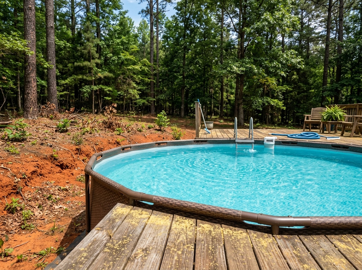 Clean above-ground pool in a North Georgia backyard surrounded by trees