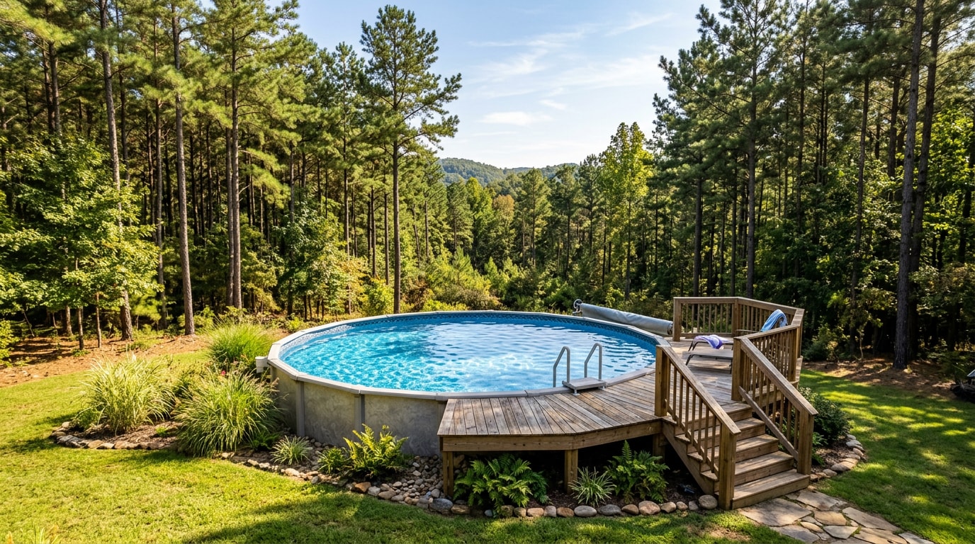 Above ground pool with clear blue water in a Dawsonville, GA backyard