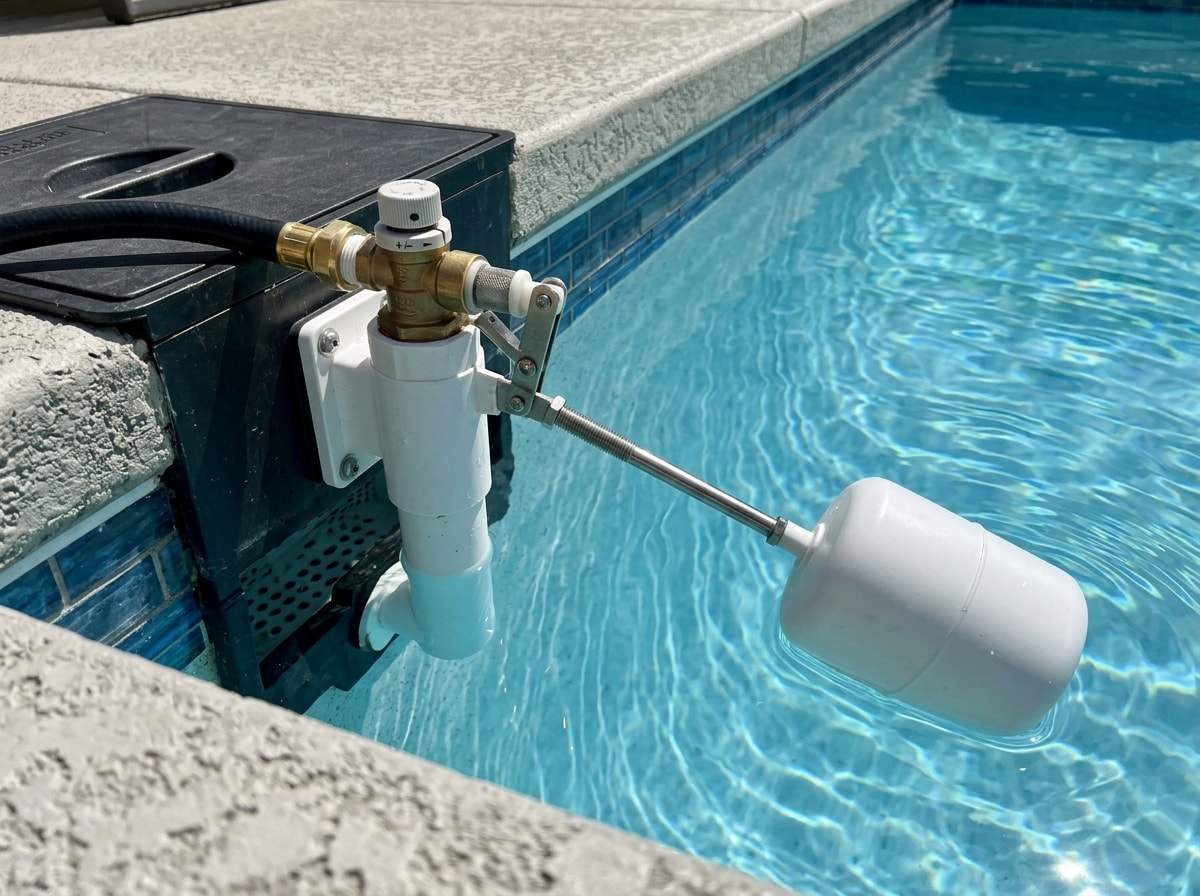 Mechanical float valve autofill device mounted on the edge of a residential pool skimmer