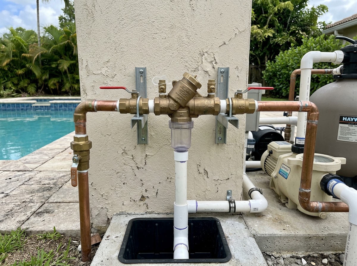 Backflow preventer assembly installed on an exterior pool equipment pad