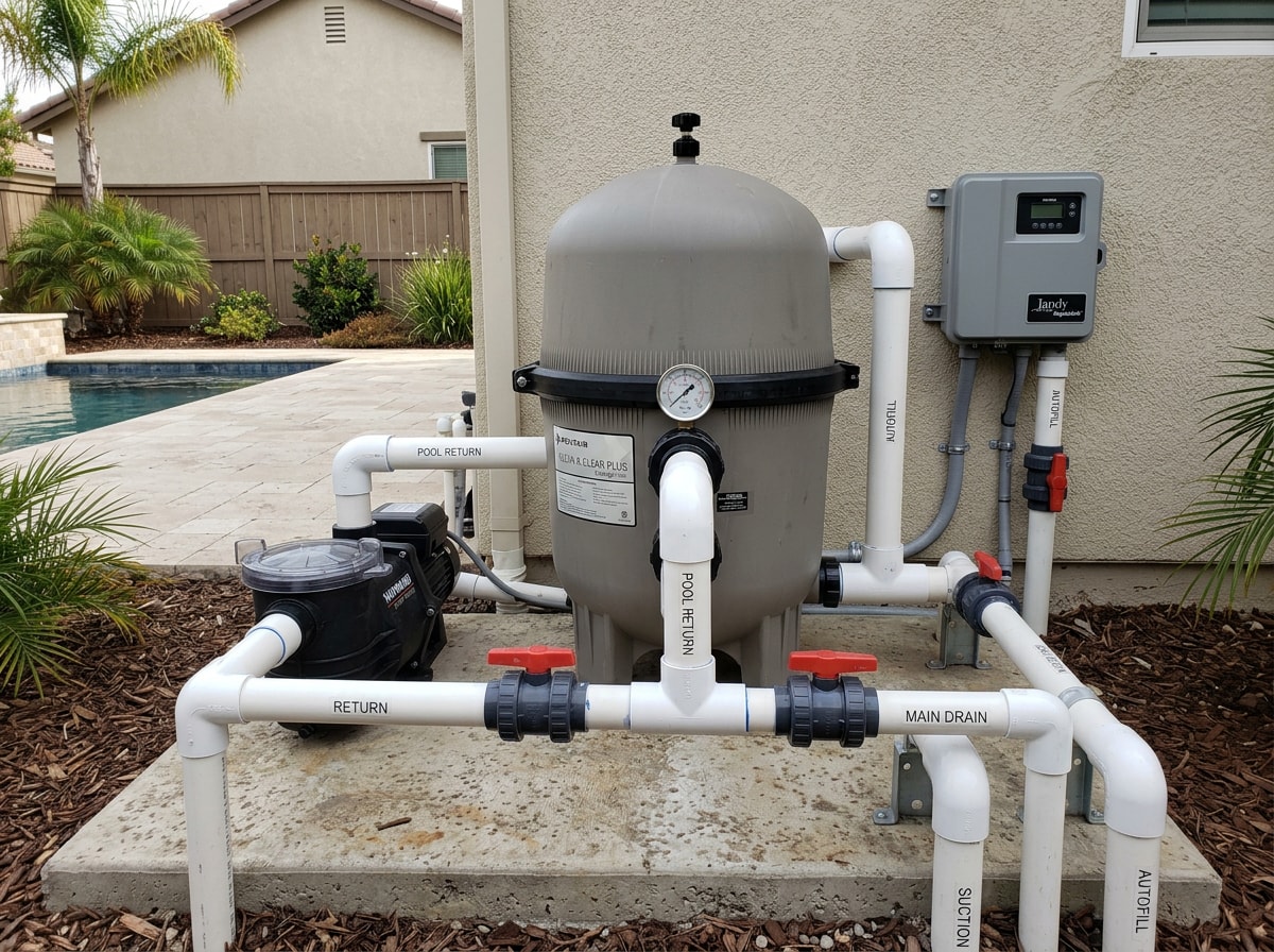 Pool equipment pad with autofill box and plumbing neatly installed