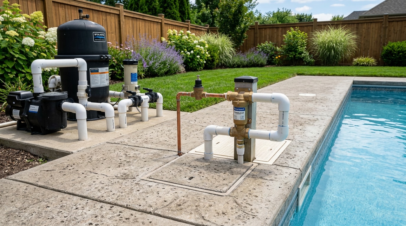 Automatic pool filler installed near a residential pool skimmer in Kennesaw, GA Automatic pool filler installed near a residential pool skimmer in Kennesaw, GA
