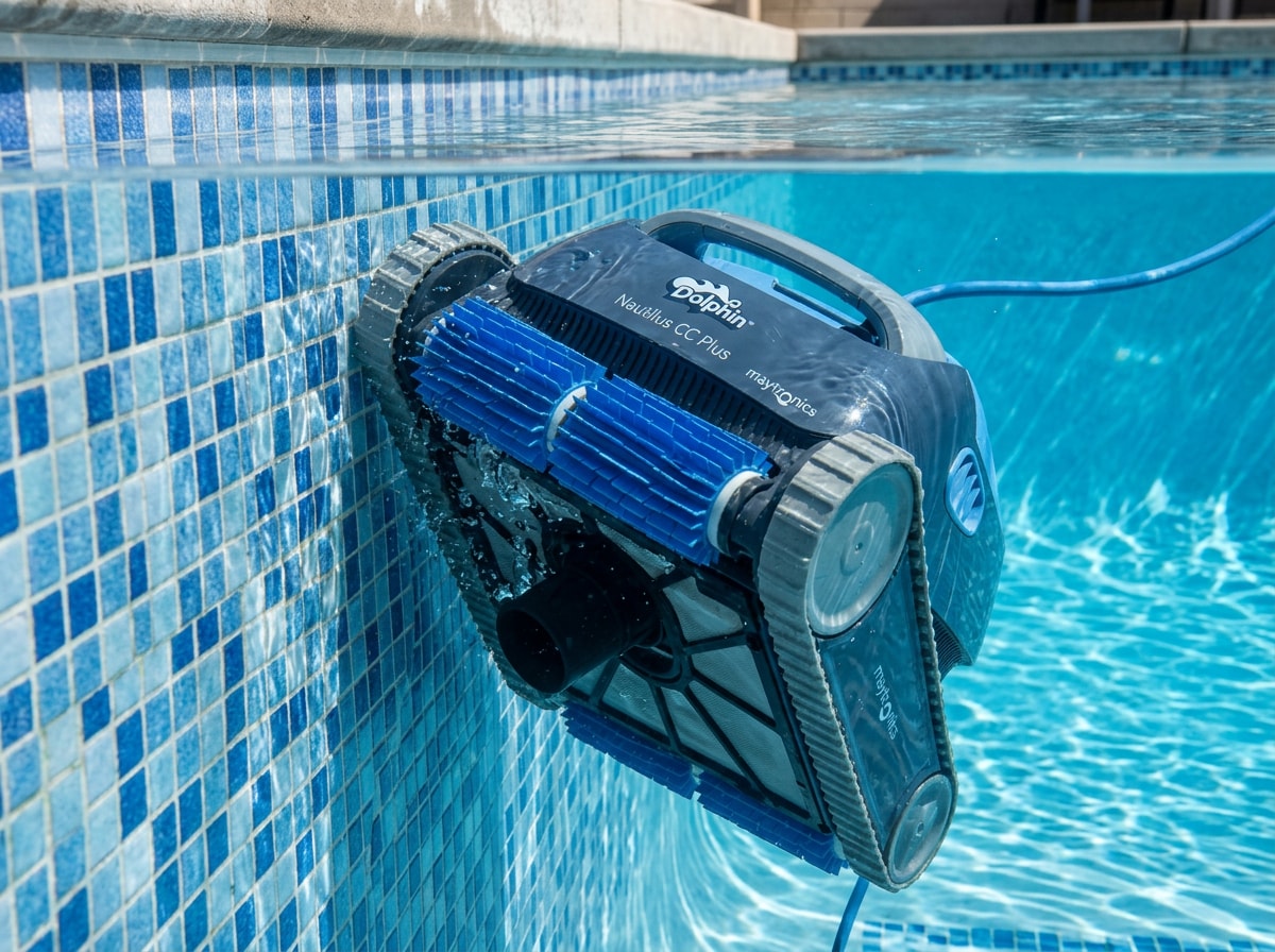 Dolphin Nautilus CC Plus robotic pool cleaner climbing a pool wall