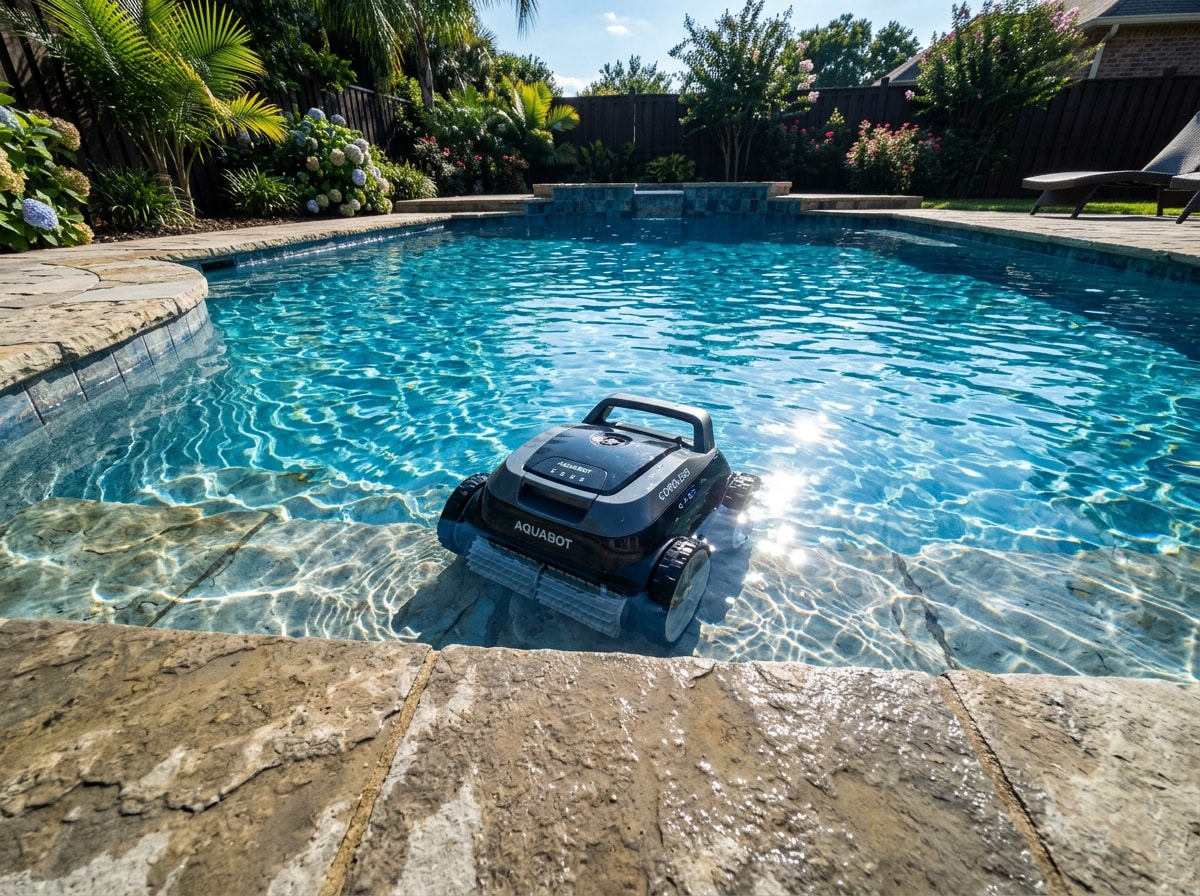 Aiper Seagull SE cordless robotic pool vacuum resting on pool steps