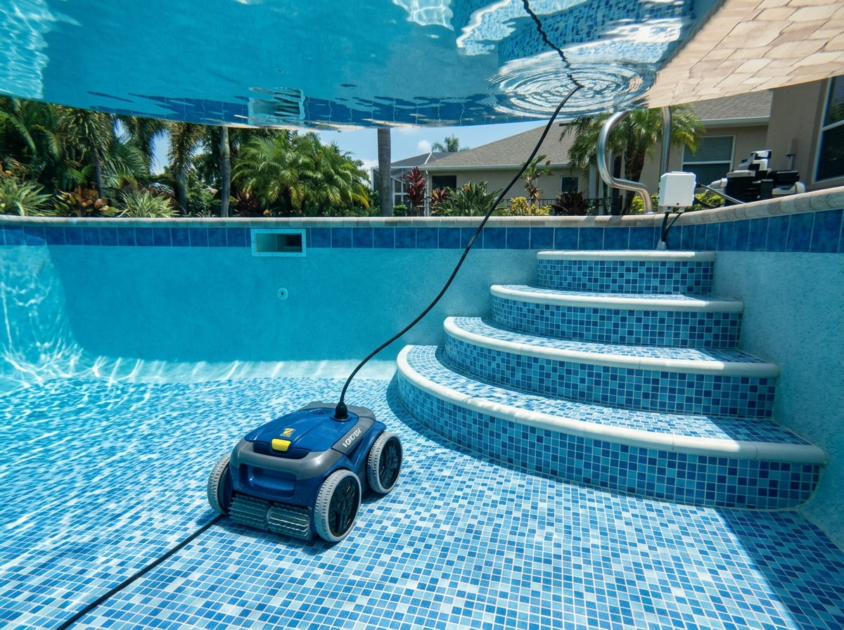 Dolphin E10 robotic pool cleaner on pool floor near steps