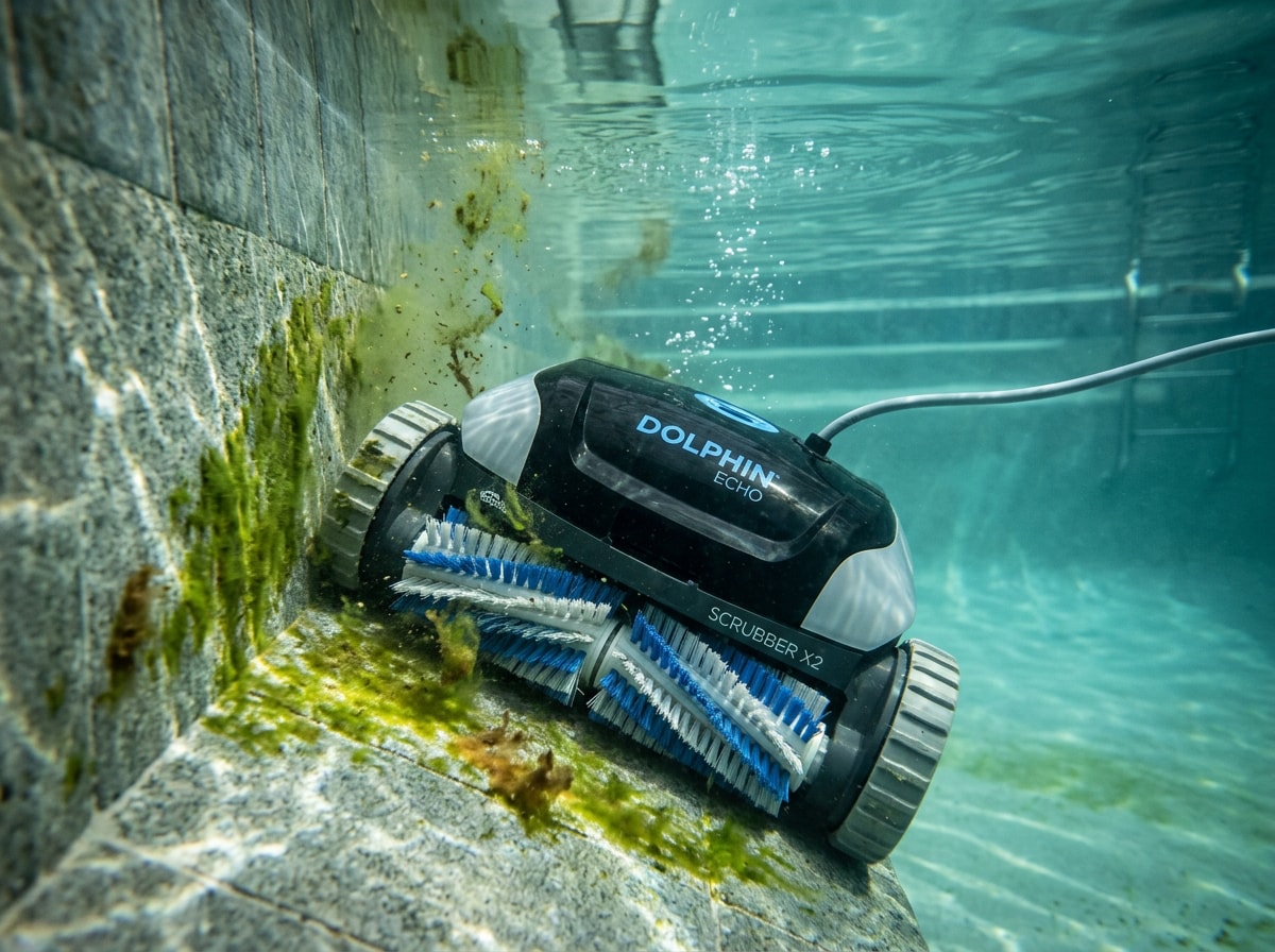 Aiper Scuba X1 robotic pool cleaner scrubbing algae from pool wall