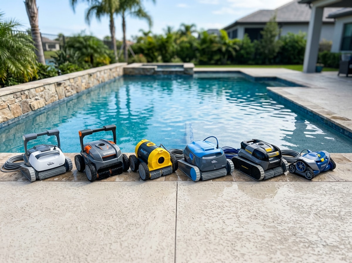 Lineup of robotic pool cleaners arranged on a pool deck for comparison