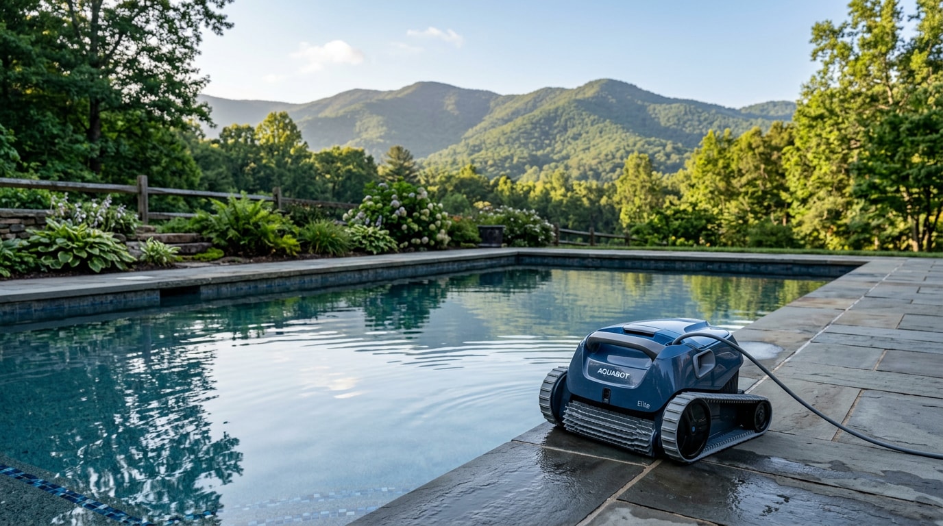 Robotic pool cleaner beside an in-ground pool in Dahlonega, GA Robotic pool cleaner beside an in-ground pool in Dahlonega, GA