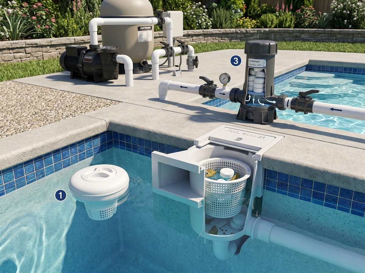 Diagram comparing chlorinator, floating dispenser, and skimmer basket tablet placement