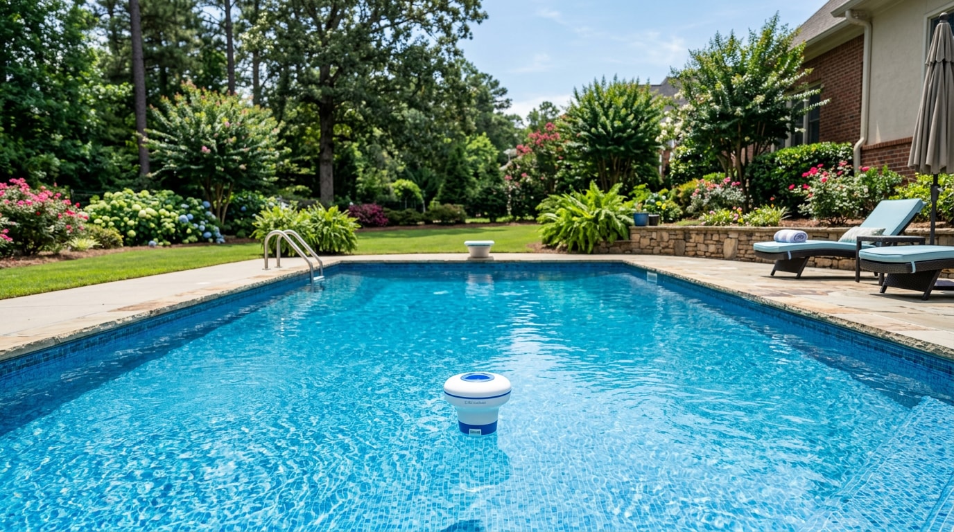 Residential pool with a floating chlorine dispenser in clear blue water
