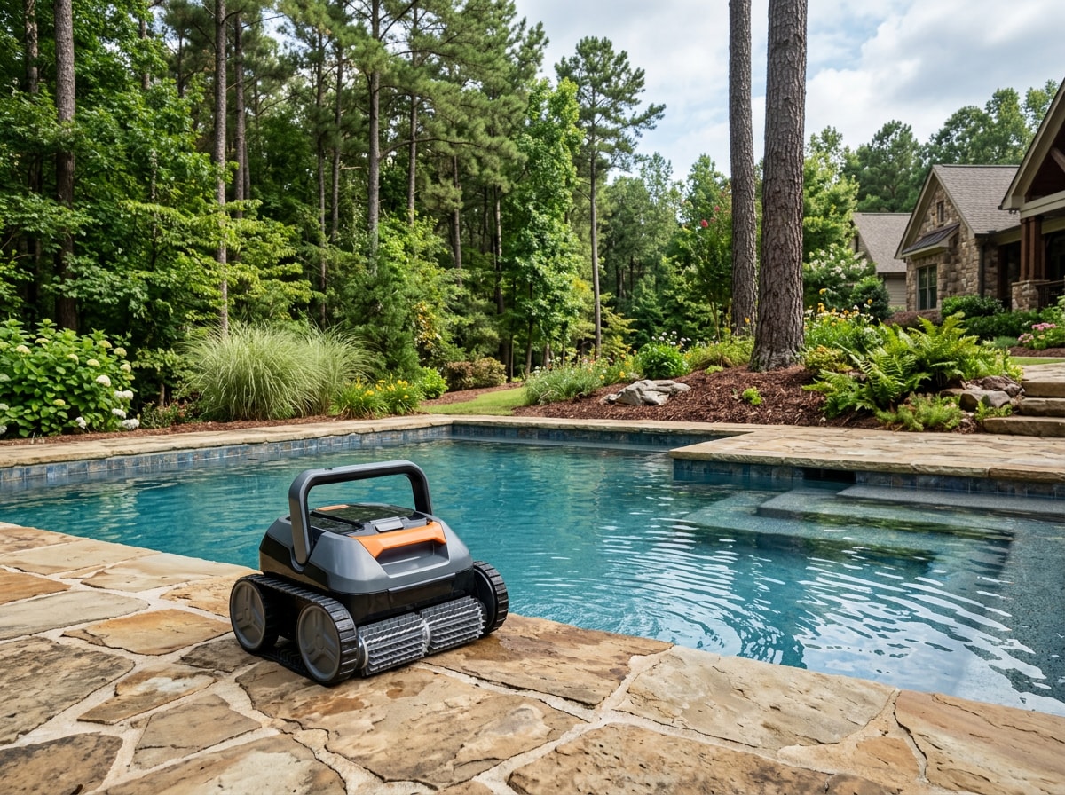 Cordless pool robot sitting on a pool deck in a Roswell, GA backyard