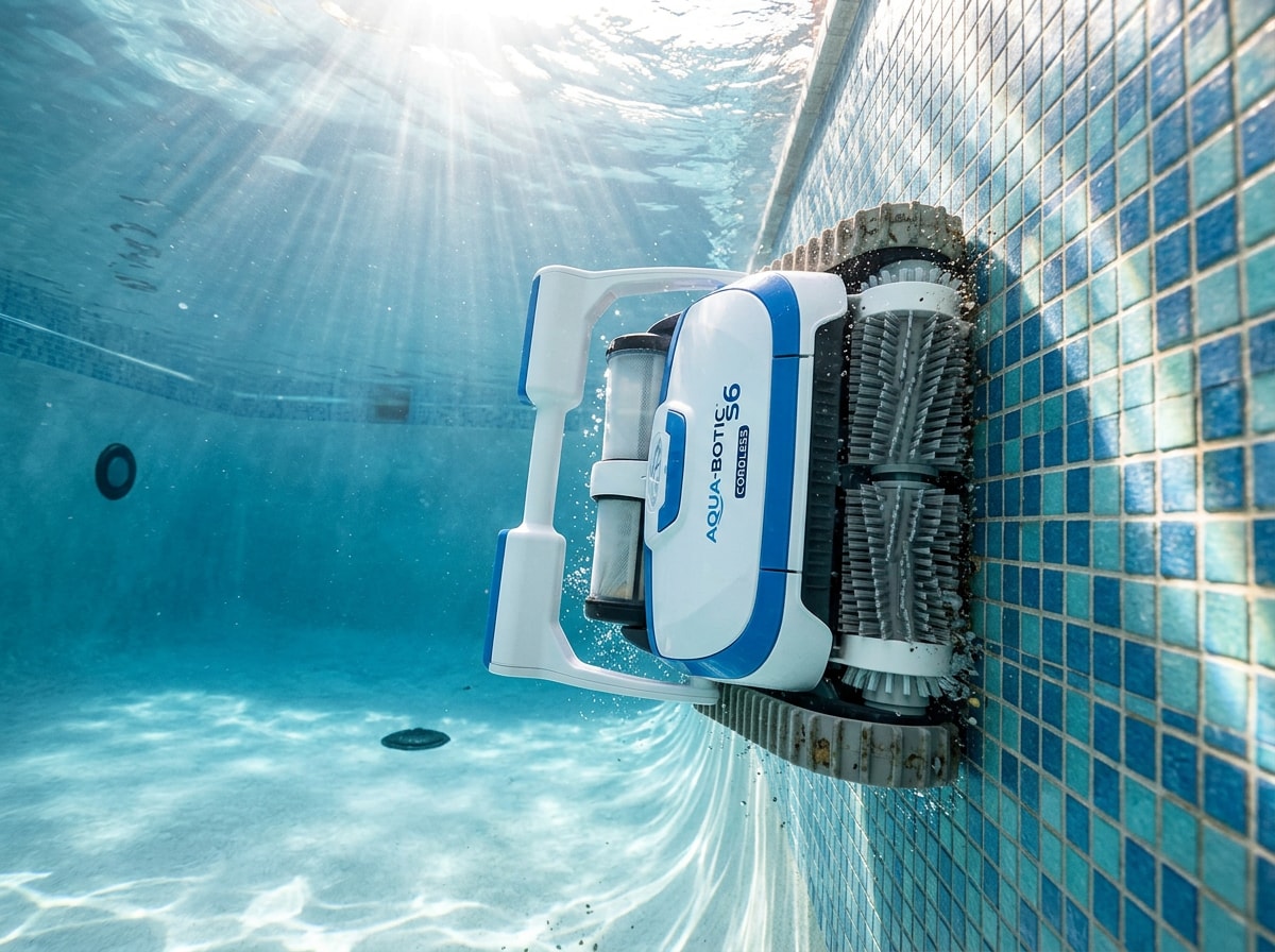 Polaris Freedom cordless pool robot climbing a pool wall