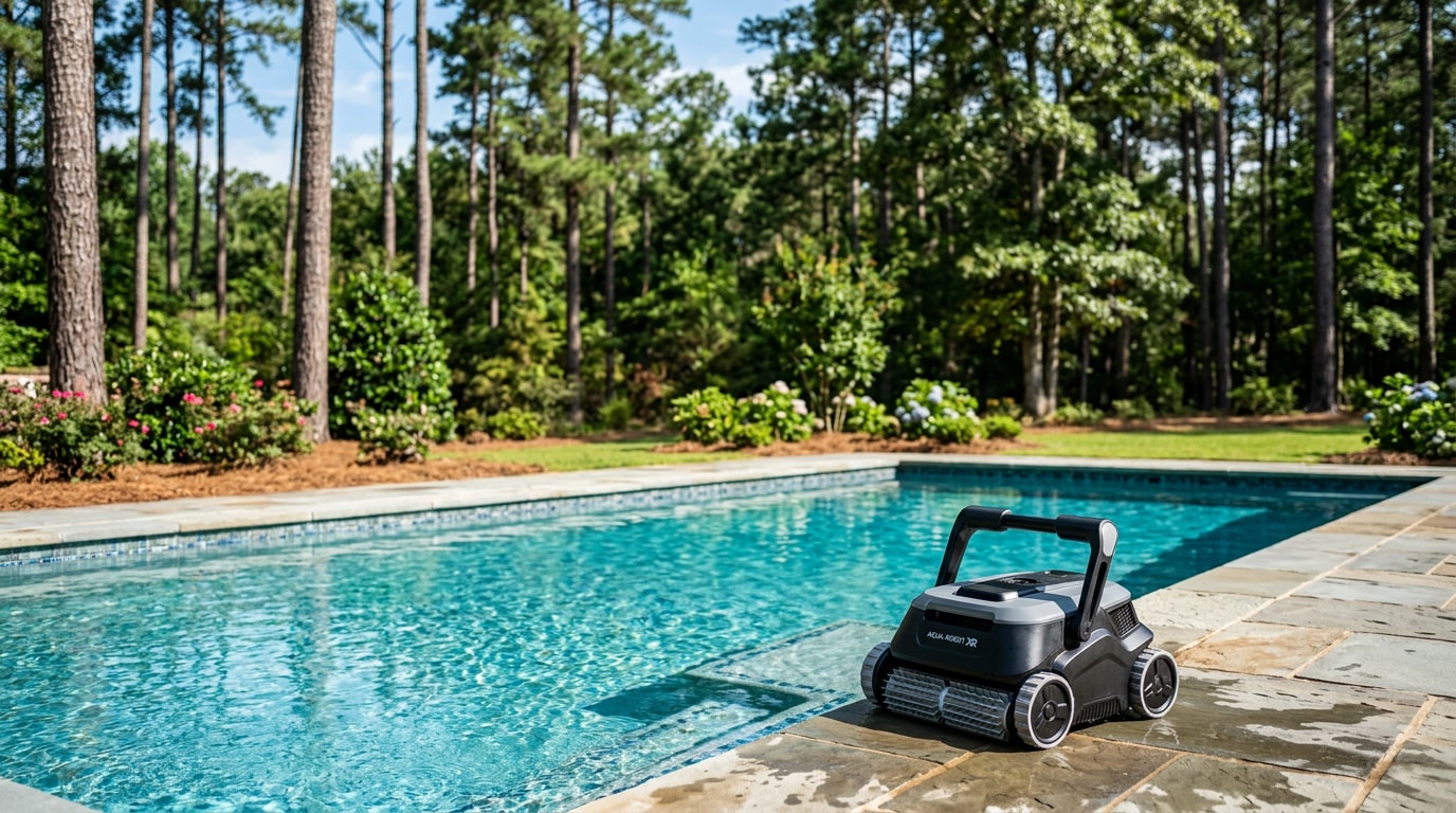 Cordless robotic pool cleaner resting on the edge of a clean backyard pool in Roswell, GA Cordless robotic pool cleaner resting on the edge of a clean backyard pool in Roswell, GA