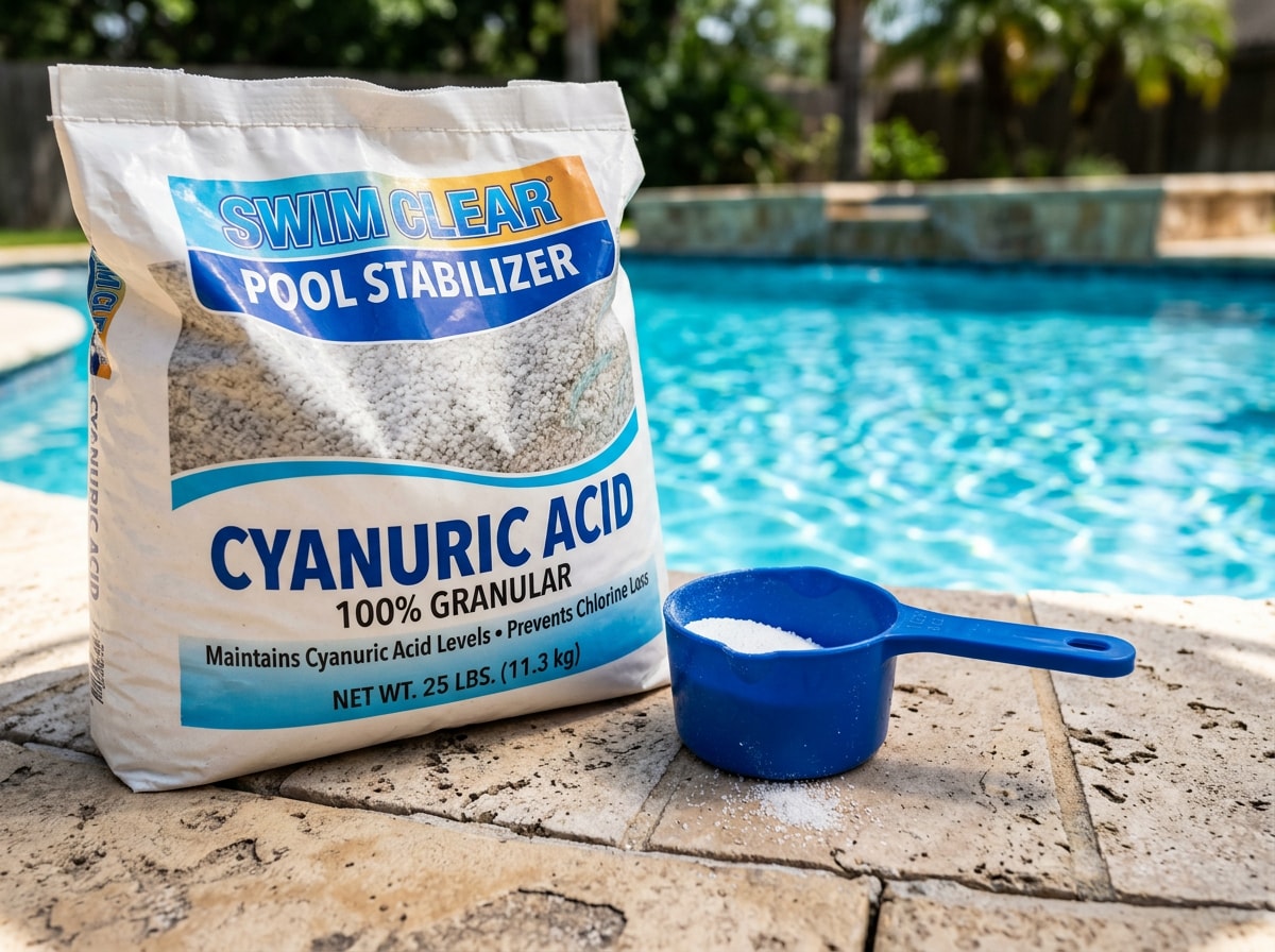 Granular cyanuric acid pool stabilizer next to a measuring scoop on a pool deck