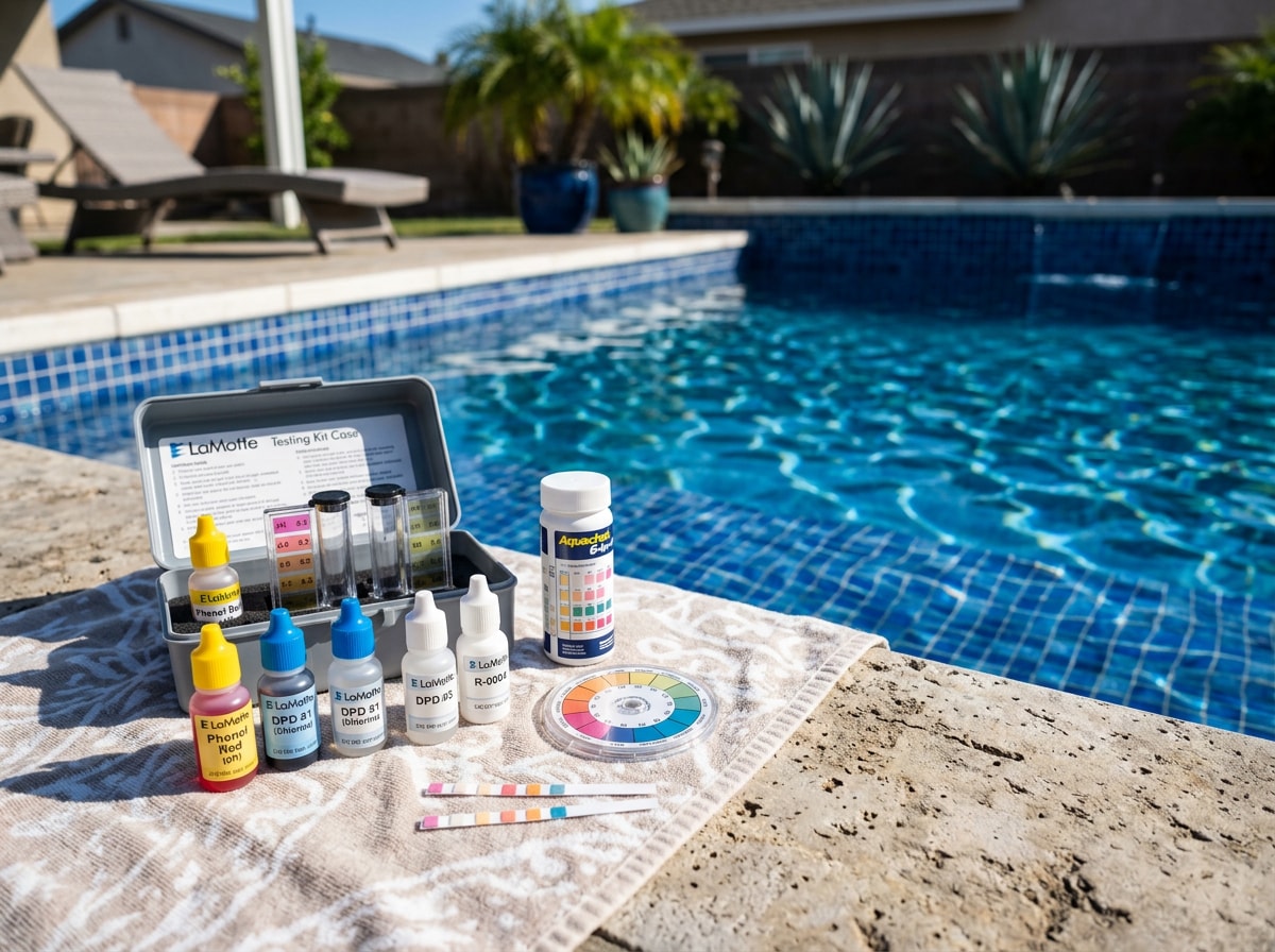 Pool water test kit with reagent bottles and test strips on a sunny pool deck
