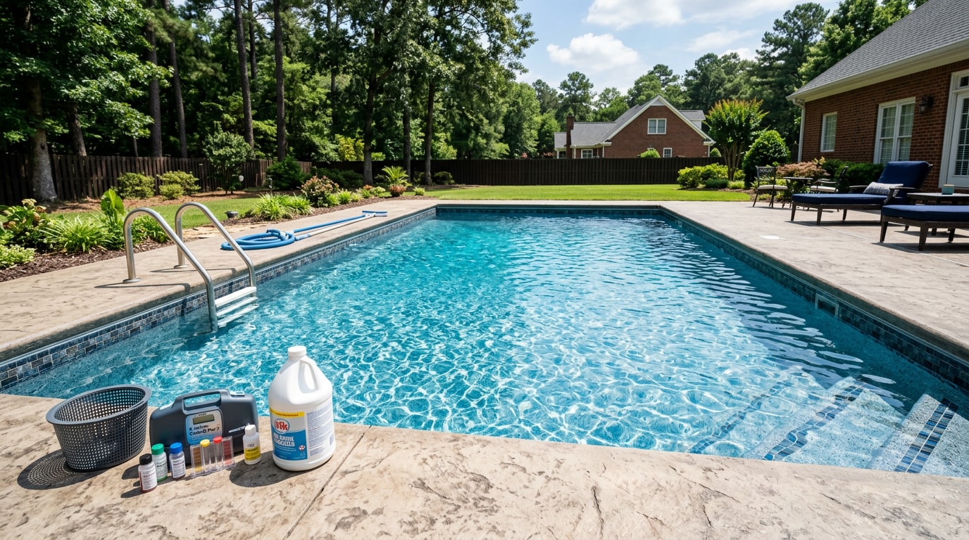 Clean backyard swimming pool with balanced water in Kennesaw, GA Clean backyard swimming pool with balanced water in Kennesaw, GA