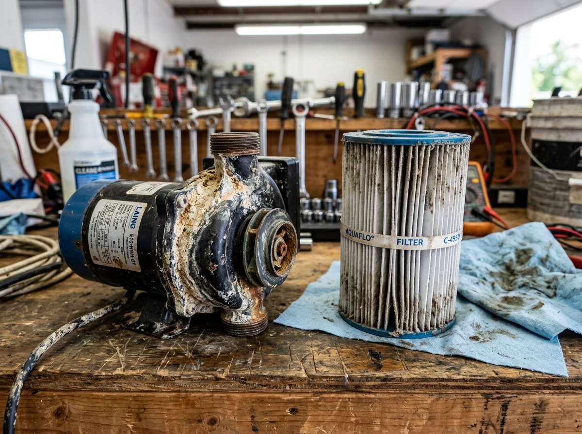 Technician holding a hot tub pump and filter on a workbench