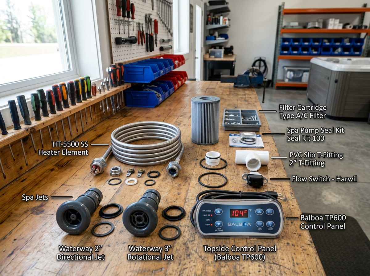 Labeled hot tub parts including heater, jets, and control panel on a workbench