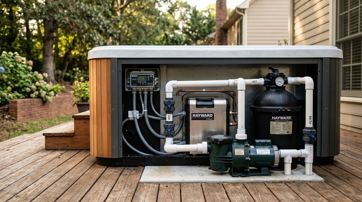 Hot tub equipment pad showing pump, heater, and filter parts after professional service in Roswell, GA