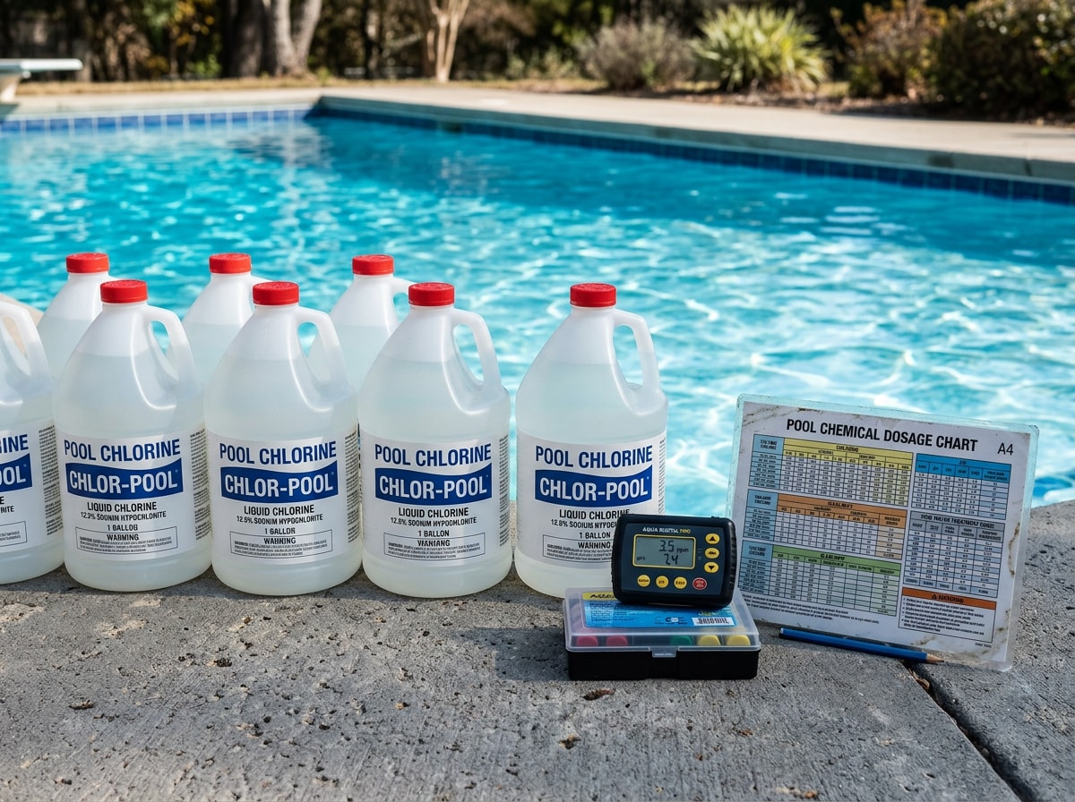 Liquid chlorine jugs next to a dosage chart beside a clear backyard pool