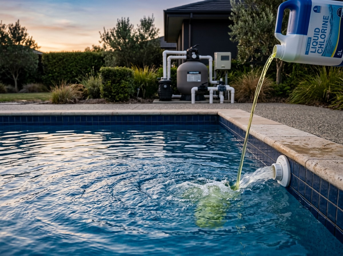 Technician pouring liquid chlorine around a pool's edge near the return jets at dusk