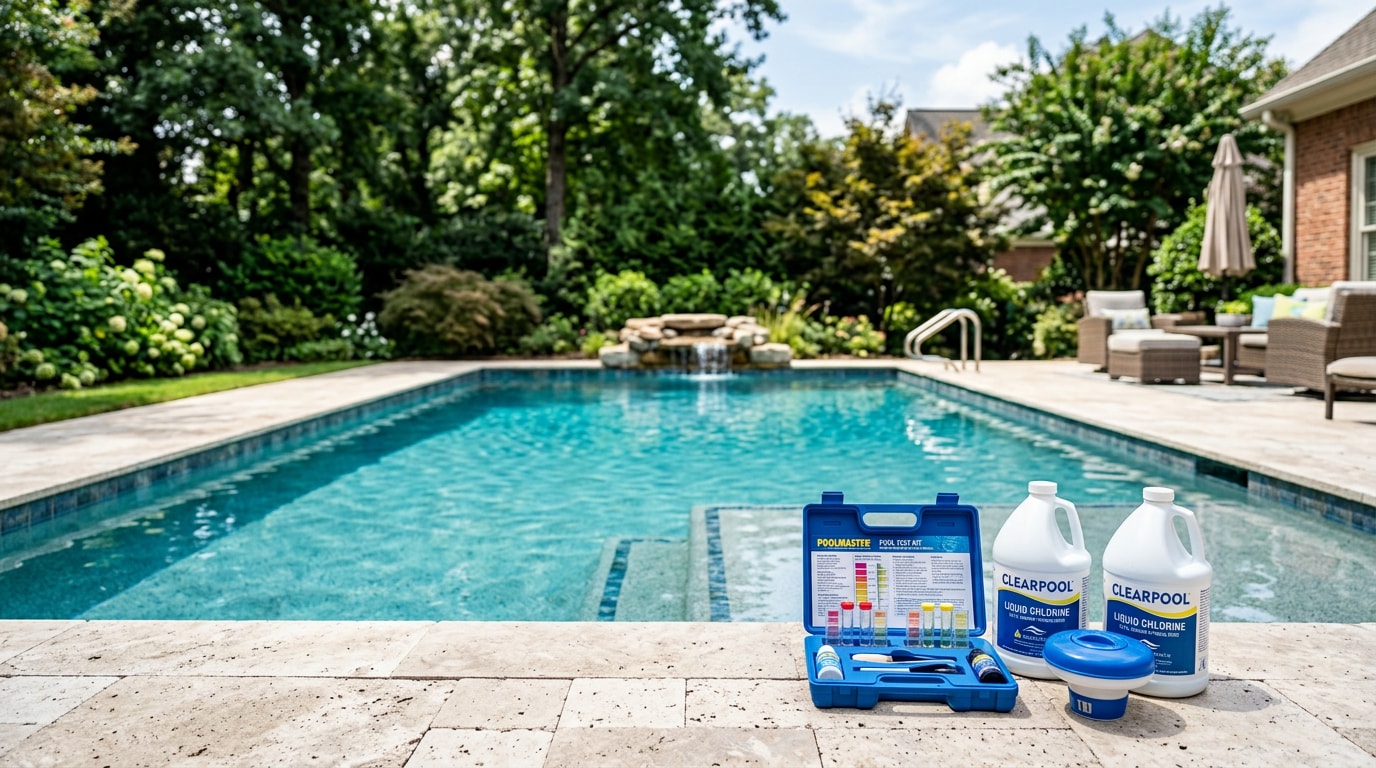 Clear backyard swimming pool in Marietta, GA with liquid chlorine shock jugs staged on the deck Clear backyard swimming pool in Marietta, GA with liquid chlorine shock jugs staged on the deck