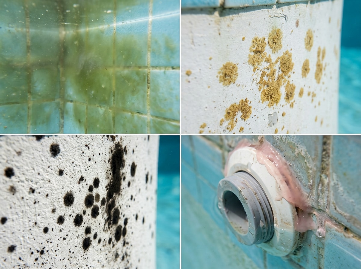 Side-by-side comparison of green, yellow mustard, black, and pink algae in a swimming pool