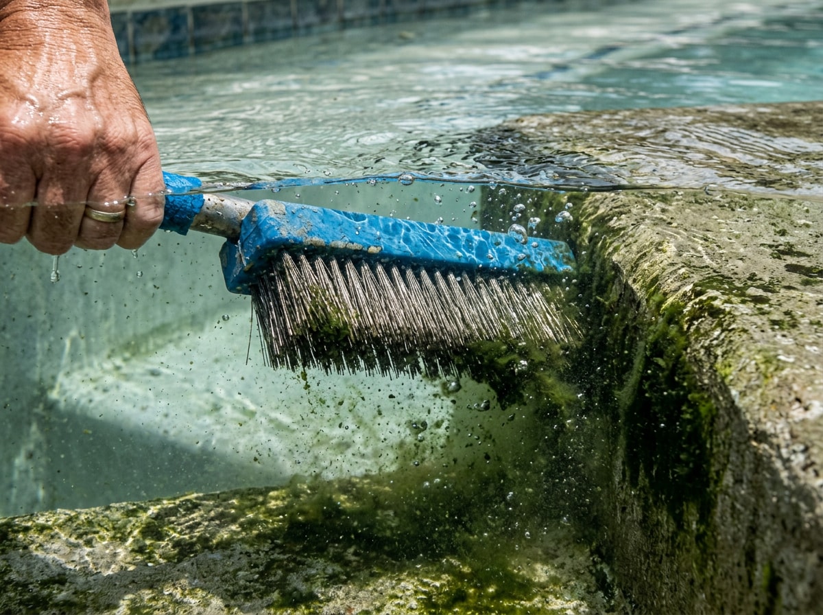 Pool brush scrubbing algae off a concrete step corner during pool cleaning