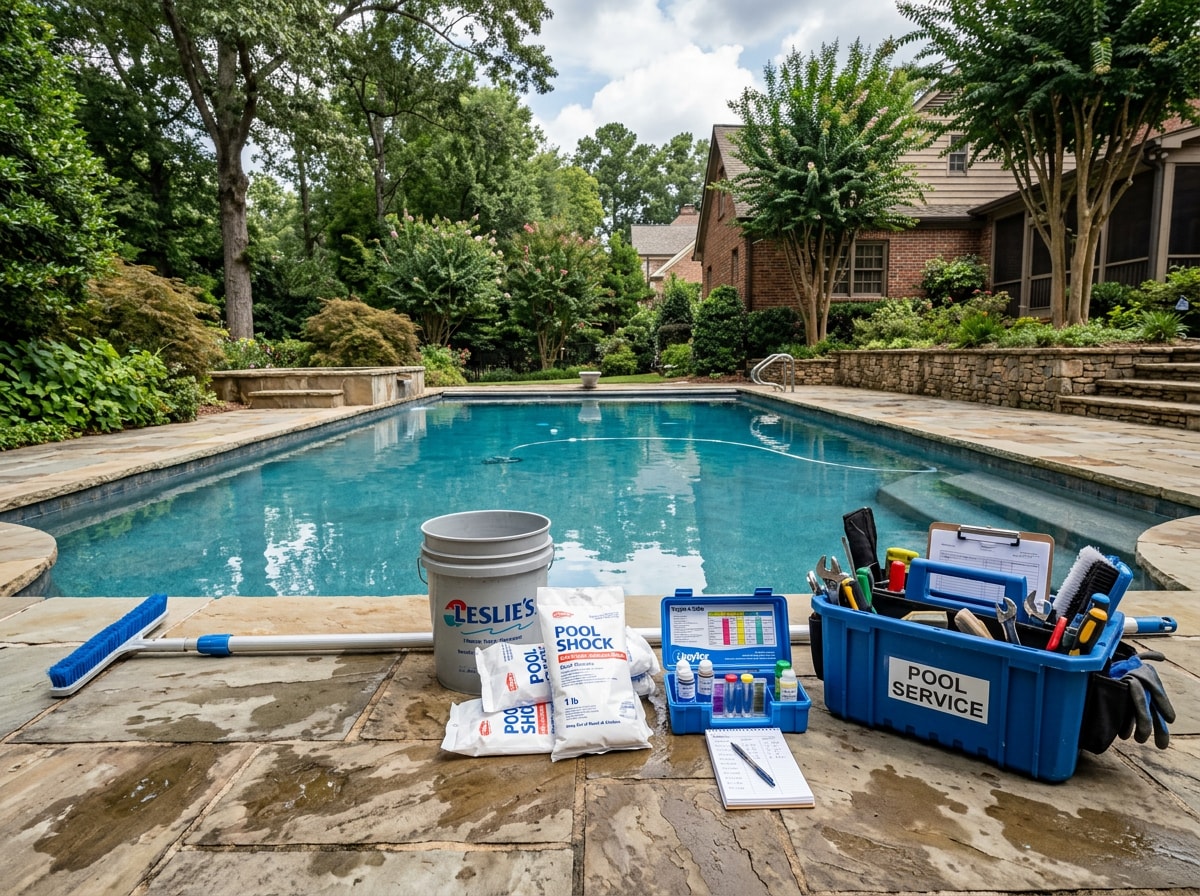 Pool service technician treating algae in a residential Atlanta backyard pool