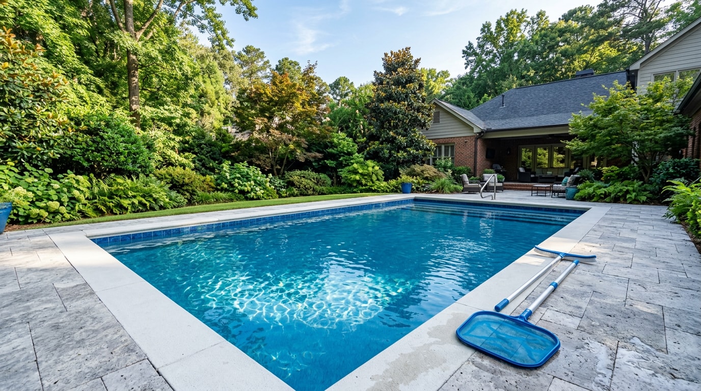 Clean, algae-free residential swimming pool in a backyard in Atlanta, GA Clean, algae-free residential swimming pool in a backyard in Atlanta, GA