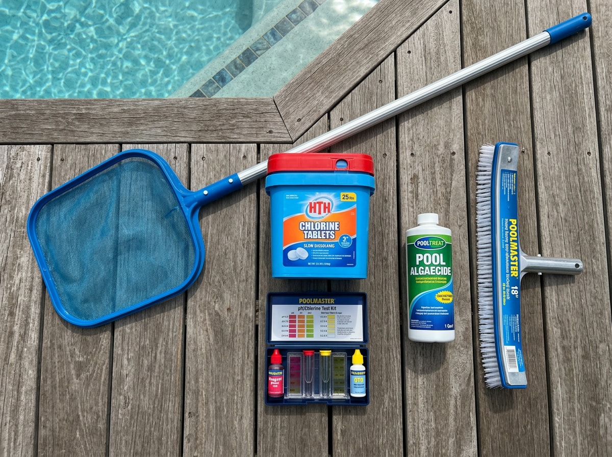 Flat-lay of pool chemicals, skimmer net, brush, and test kit