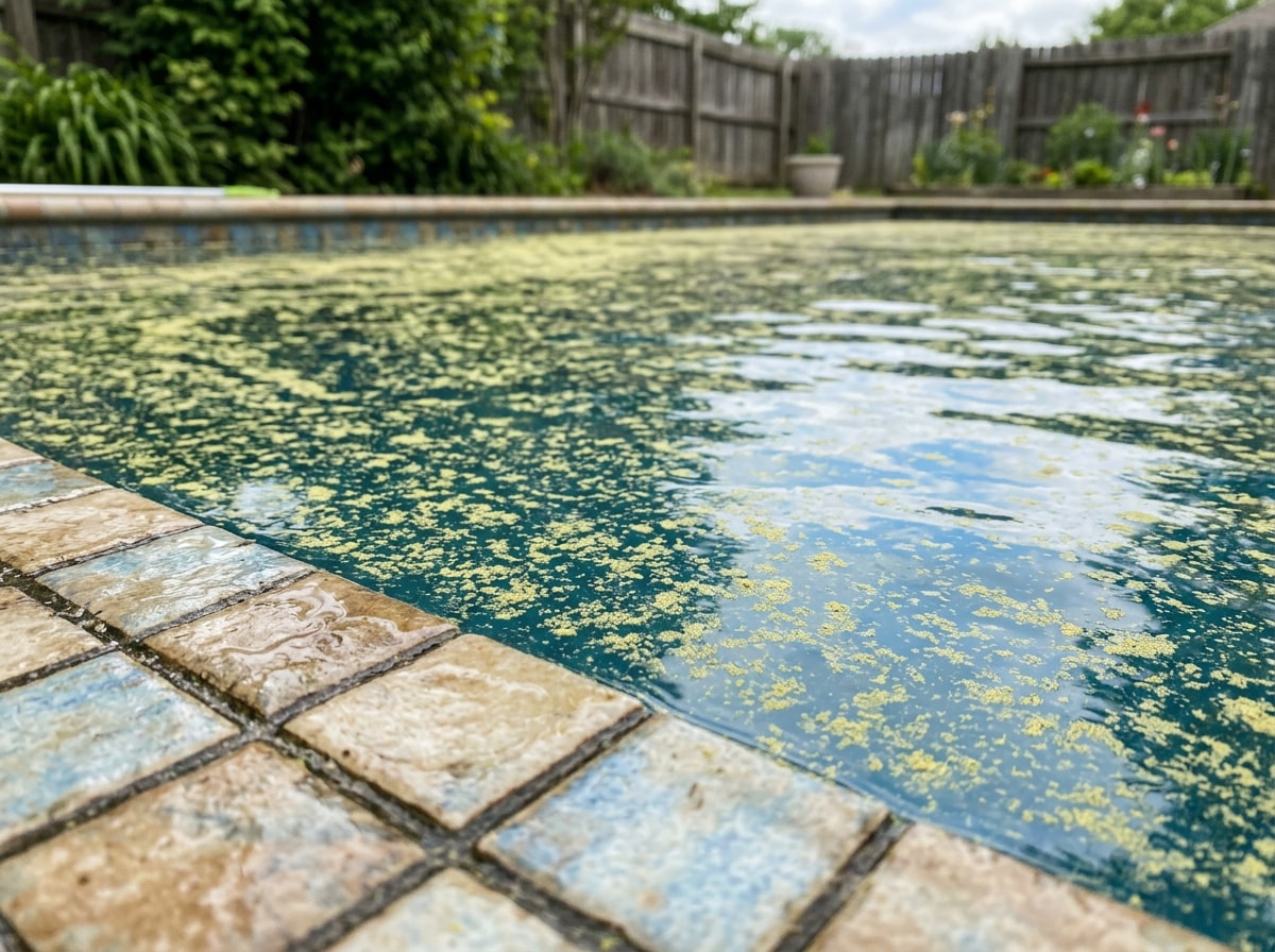 Yellow pollen film coating the surface of a residential swimming pool