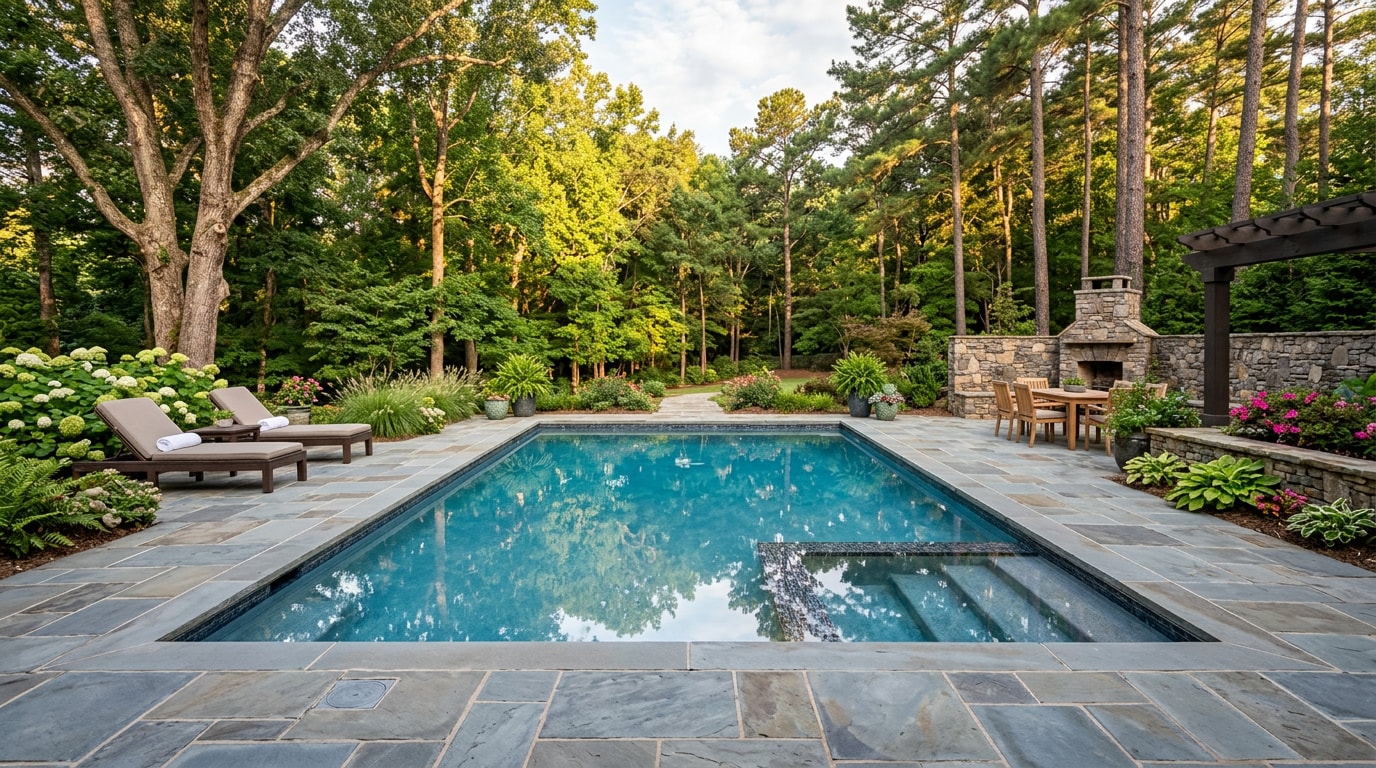 Backyard inground pool in Alpharetta, GA surrounded by trees Backyard inground pool in Alpharetta, GA surrounded by trees