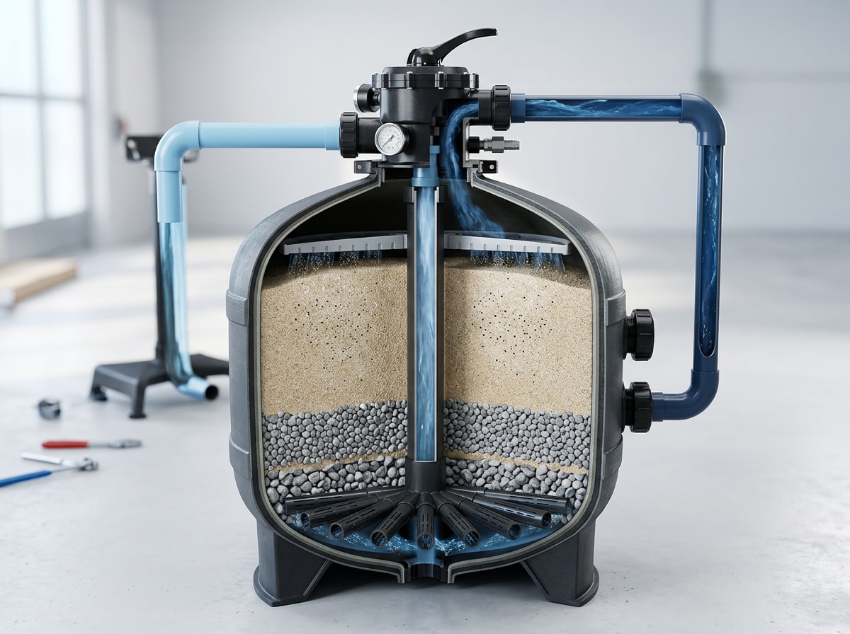 Cross-section diagram of a pool sand filter tank showing water flow through the sand bed