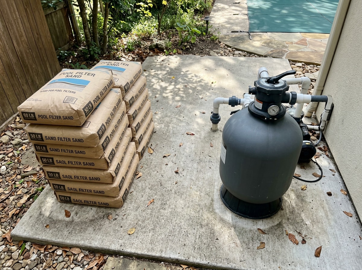 Comparison chart showing pounds of pool filter sand needed by filter tank diameter
