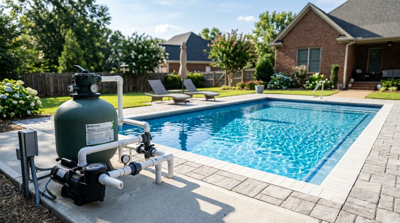 Residential pool sand filter tank installed beside a clear blue swimming pool Residential pool sand filter tank installed beside a clear blue swimming pool