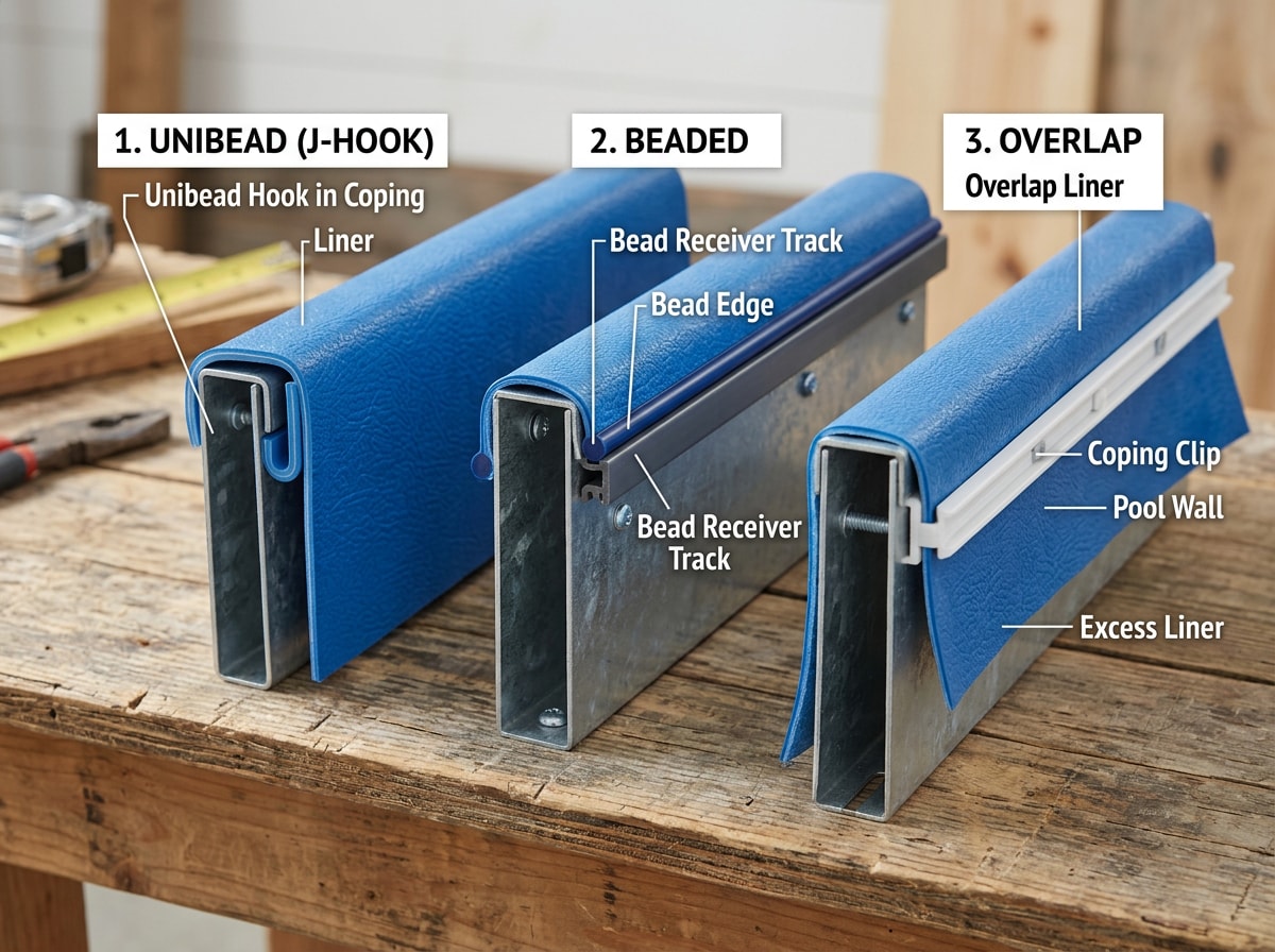 Diagram comparing unibead, beaded, and overlap above ground pool liner edge attachments