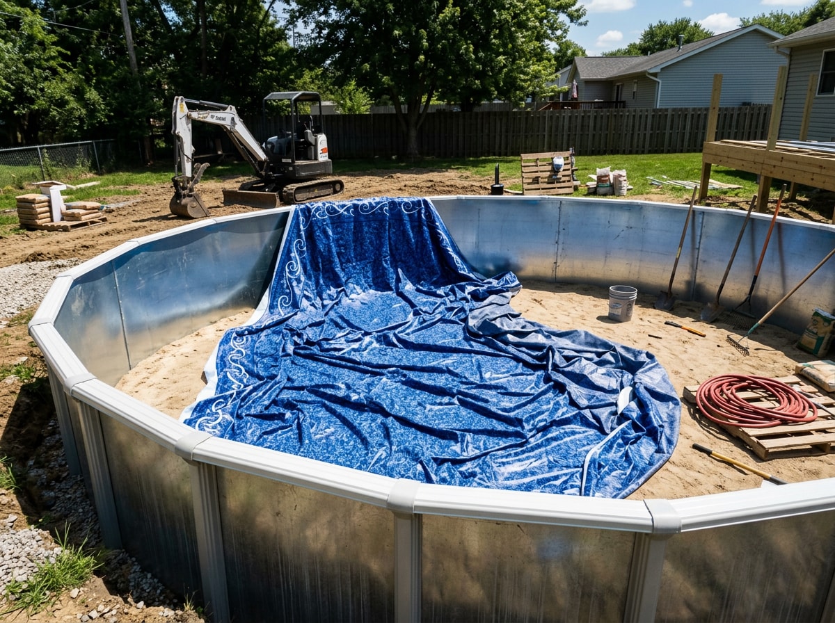 Pool installer unfolding and centering a new vinyl liner in an empty above ground pool