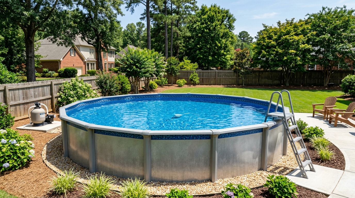Finished above ground pool with newly installed vinyl liner in a Marietta, GA backyard Finished above ground pool with newly installed vinyl liner in a Marietta, GA backyard