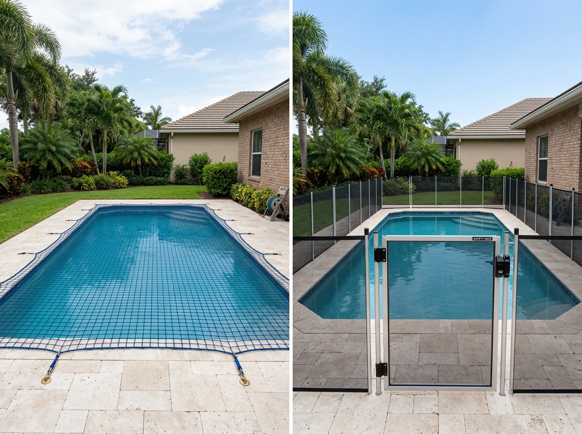 Side-by-side comparison of a tensioned pool safety net and a removable mesh pool fence in a backyard