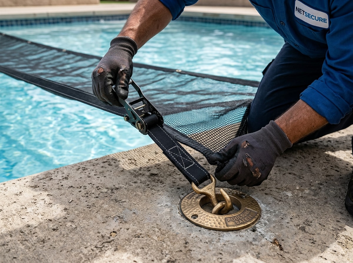 Three-step process showing a pool safety net being clipped to deck anchors and tensioned