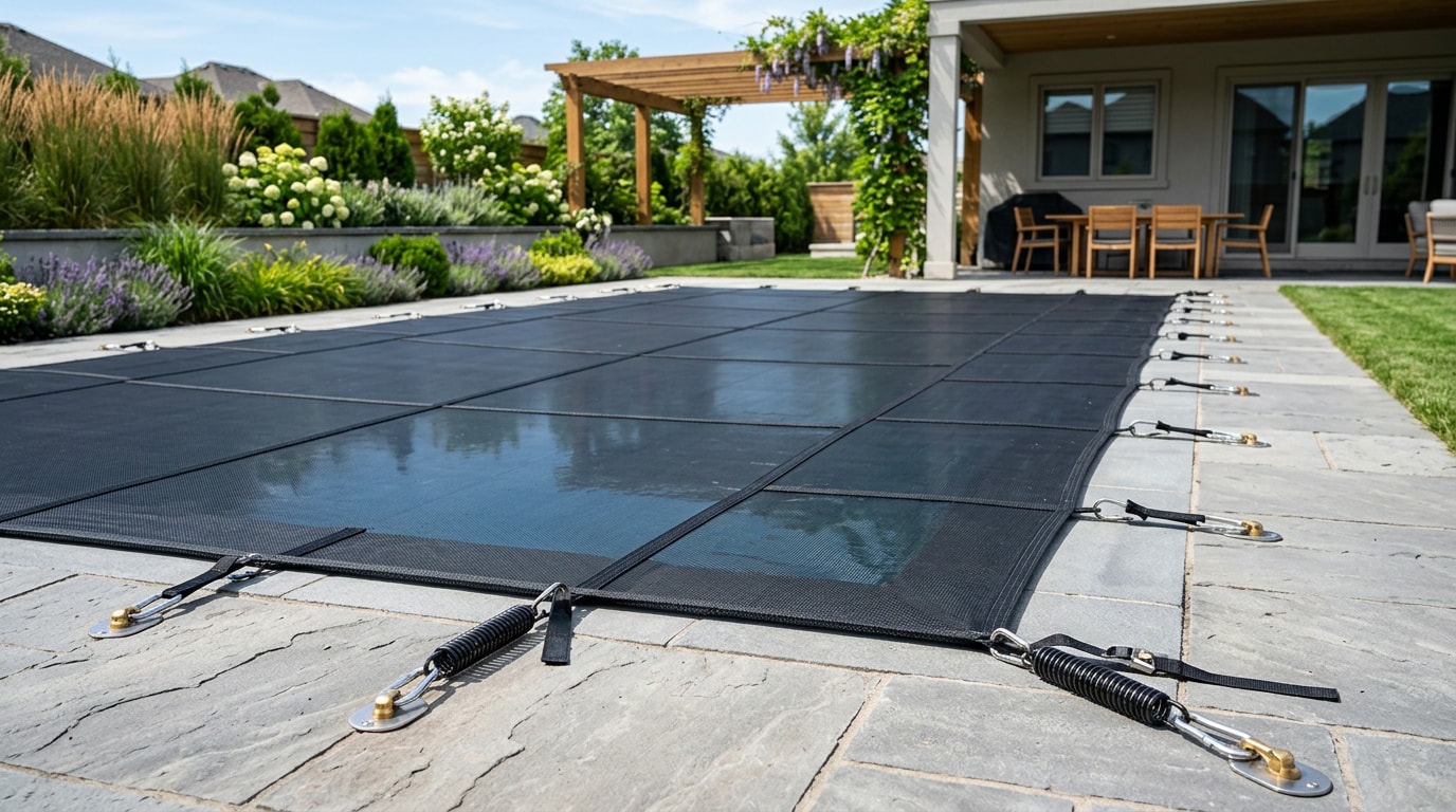 Tensioned pool safety net installed over an inground pool in a Dawsonville, GA backyard Tensioned pool safety net installed over an inground pool in a Dawsonville, GA backyard