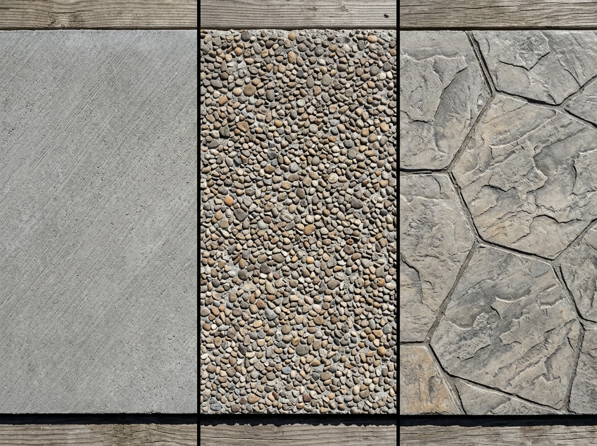 Side-by-side comparison of broom, stamped, and exposed aggregate pool deck finishes