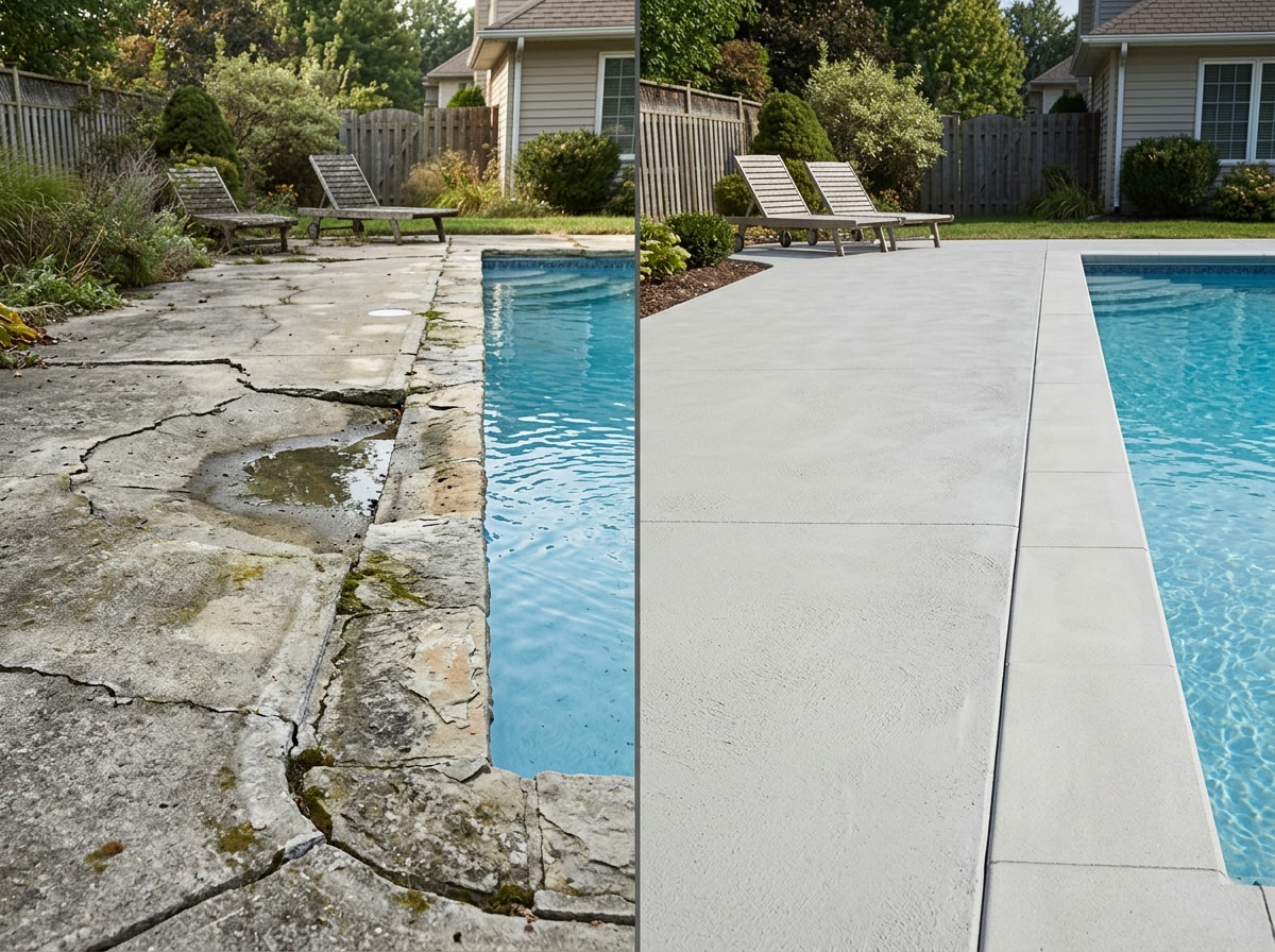 Before and after concrete pool deck resurfacing in Gainesville, GA