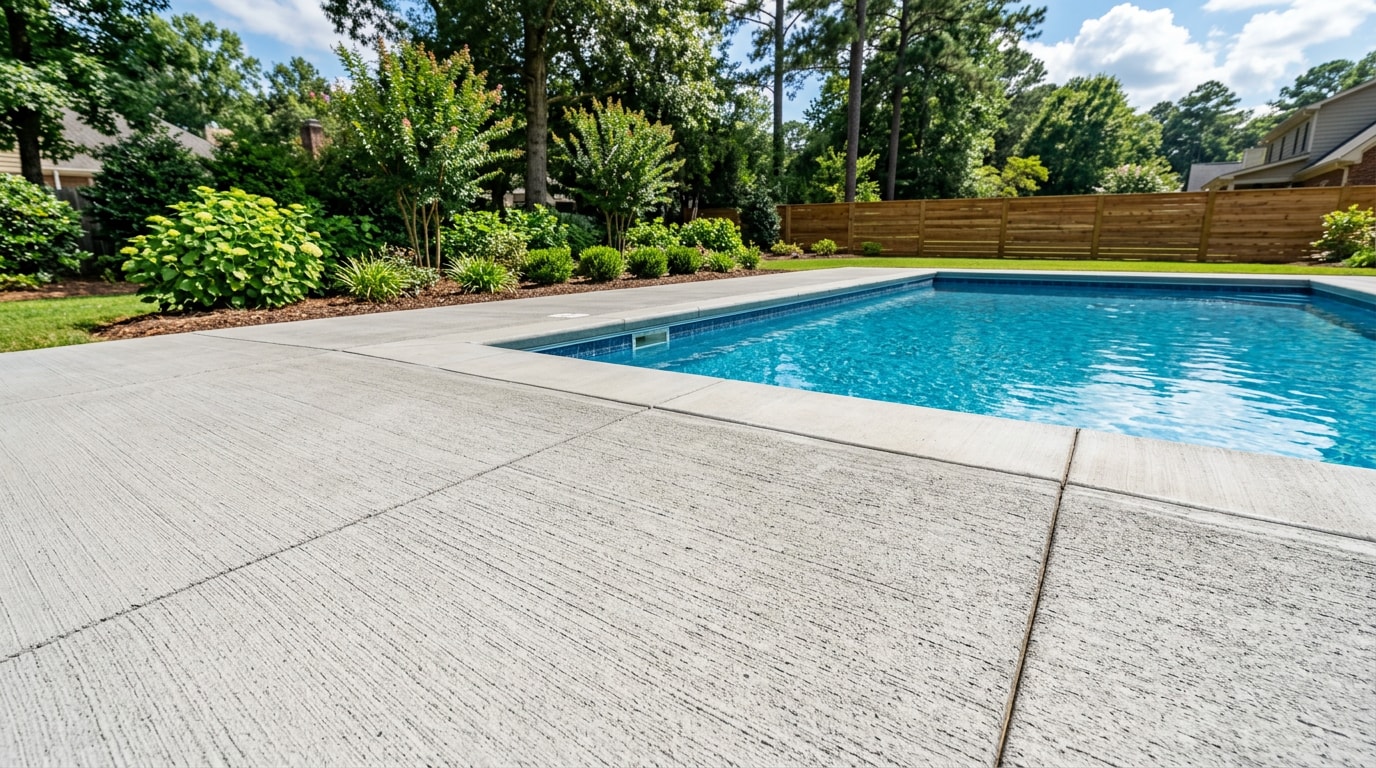 Finished concrete pool pad surrounding an in-ground pool in Gainesville, GA Finished concrete pool pad surrounding an in-ground pool in Gainesville, GA