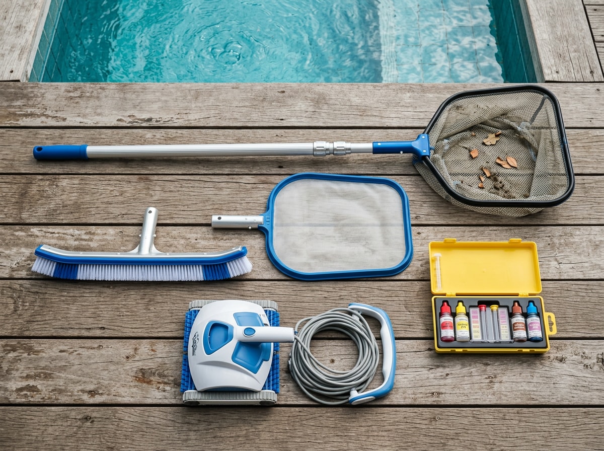 Checklist graphic showing essential pool tools for Kennesaw GA homeowners including pole, net, brush, vacuum, and test kit
