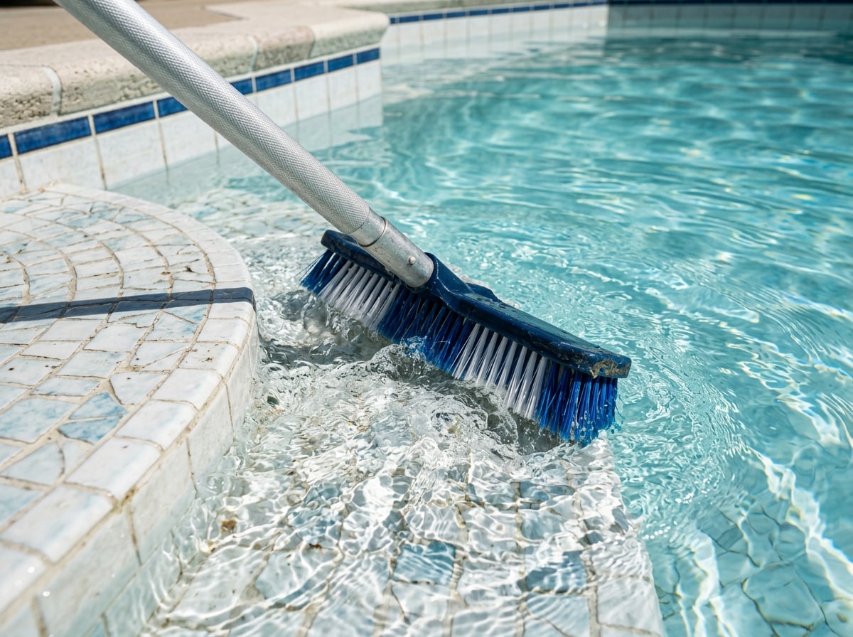 Step-by-step diagram showing proper pool brushing direction from shallow end to deep end drain