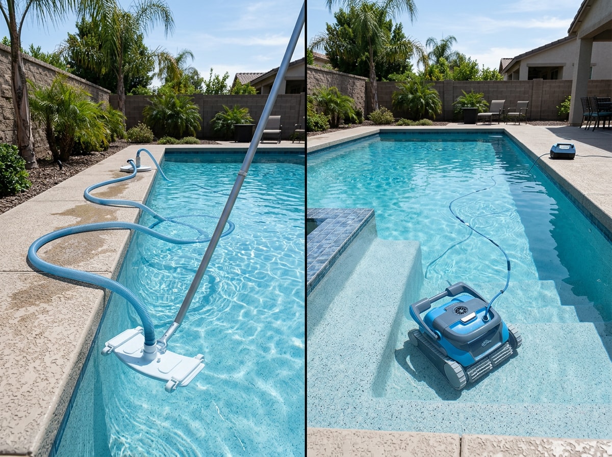 Side-by-side comparison table graphic of manual, suction-side, pressure-side, and robotic pool cleaners