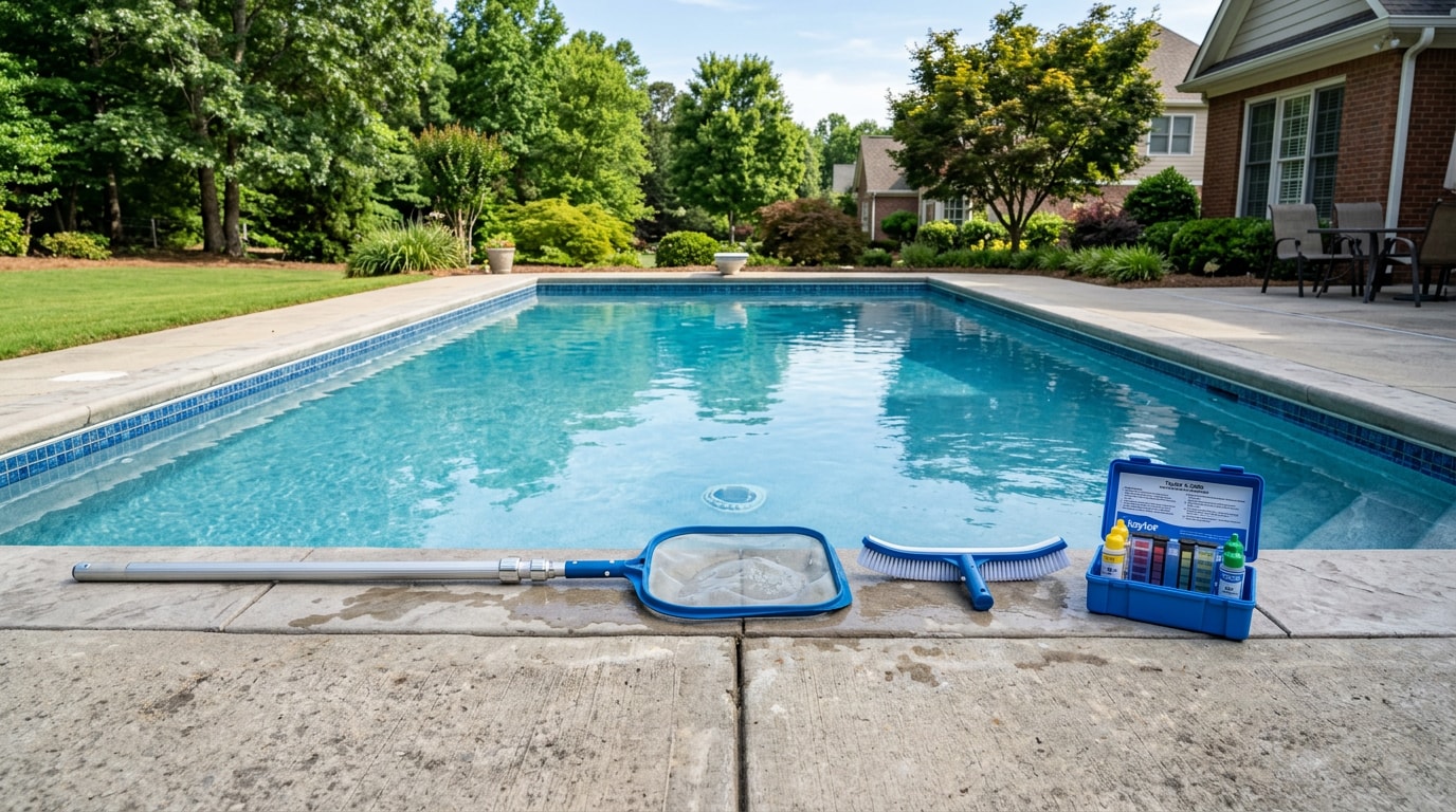 Pool cleaning tools including a telescopic pole, leaf rake, brush, and water test kit arranged on a pool deck in Kennesaw, GA Pool cleaning tools including a telescopic pole, leaf rake, brush, and water test kit arranged on a pool deck in Kennesaw, GA